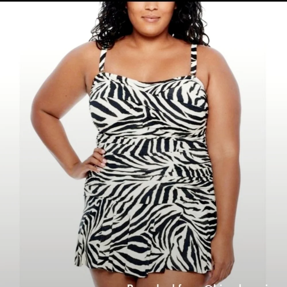 Ralph Lauren Plus Size Zebra Skirted One Piece Swim Dress